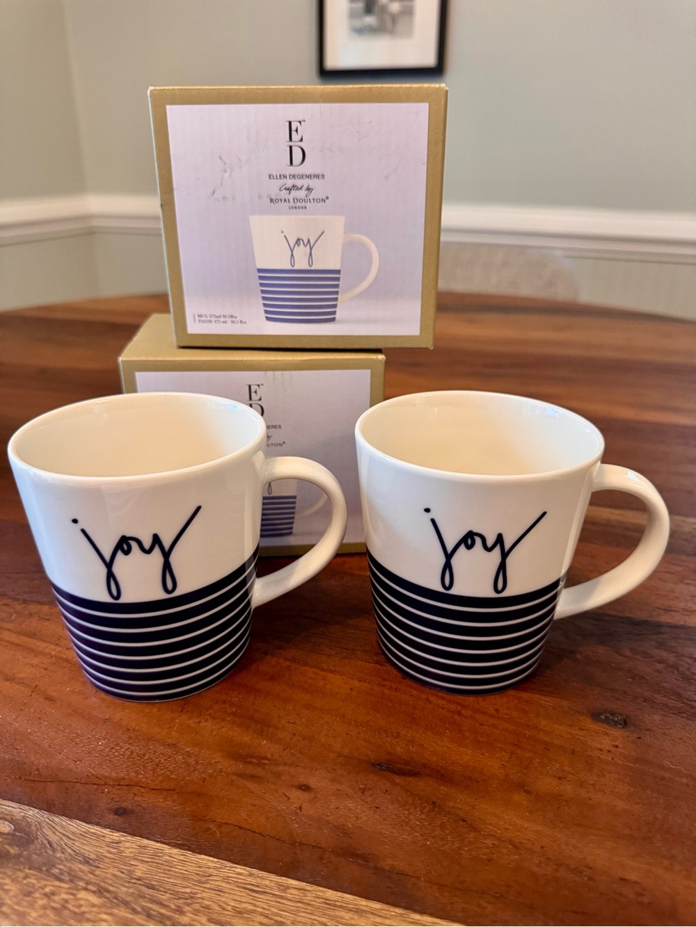2 Royal Doulton London ED Ellen Degeneres JOY Coffee Mugs Navy Stripe 15oz NIB